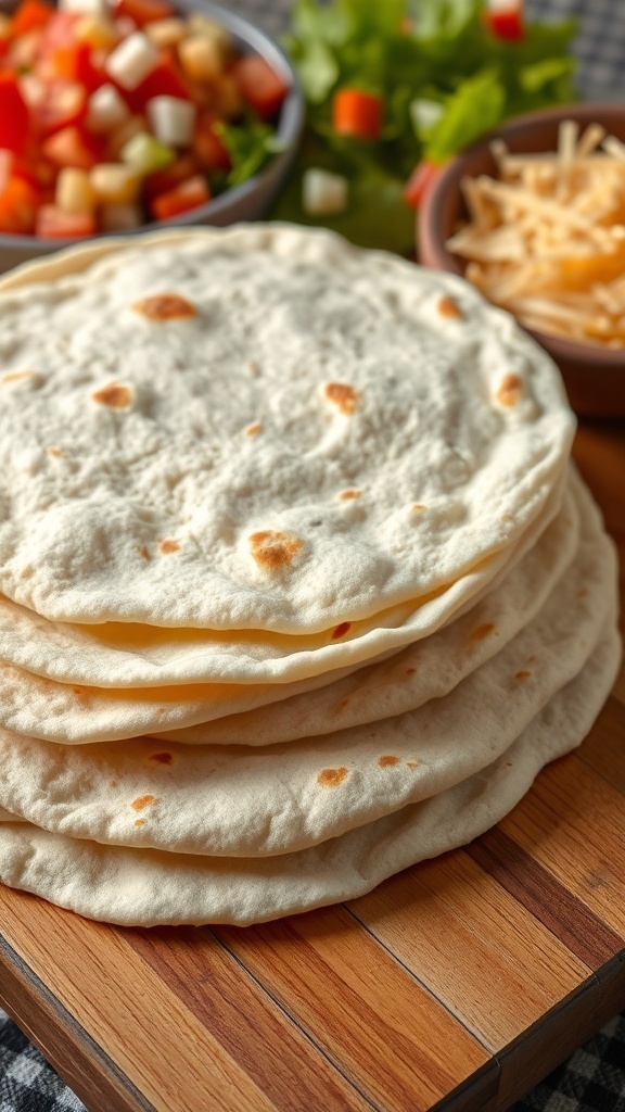 Two-Ingredient Flour Tortillas Recipe A stack of warm flour tortillas on a wooden board, with fresh ingredients for tacos in the background.